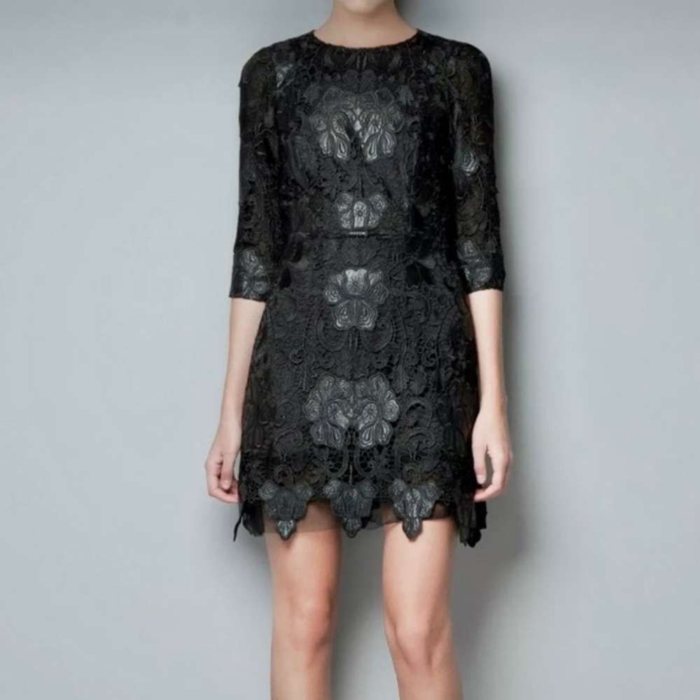 Zara Faux Leather Black Floral Lace Long Sleeve Dress